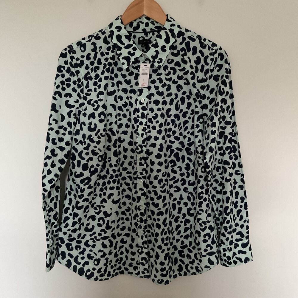 Talbots Sz L Mint Green & Navy Graphic Cheetah Classic Cotton Button Up Shirt